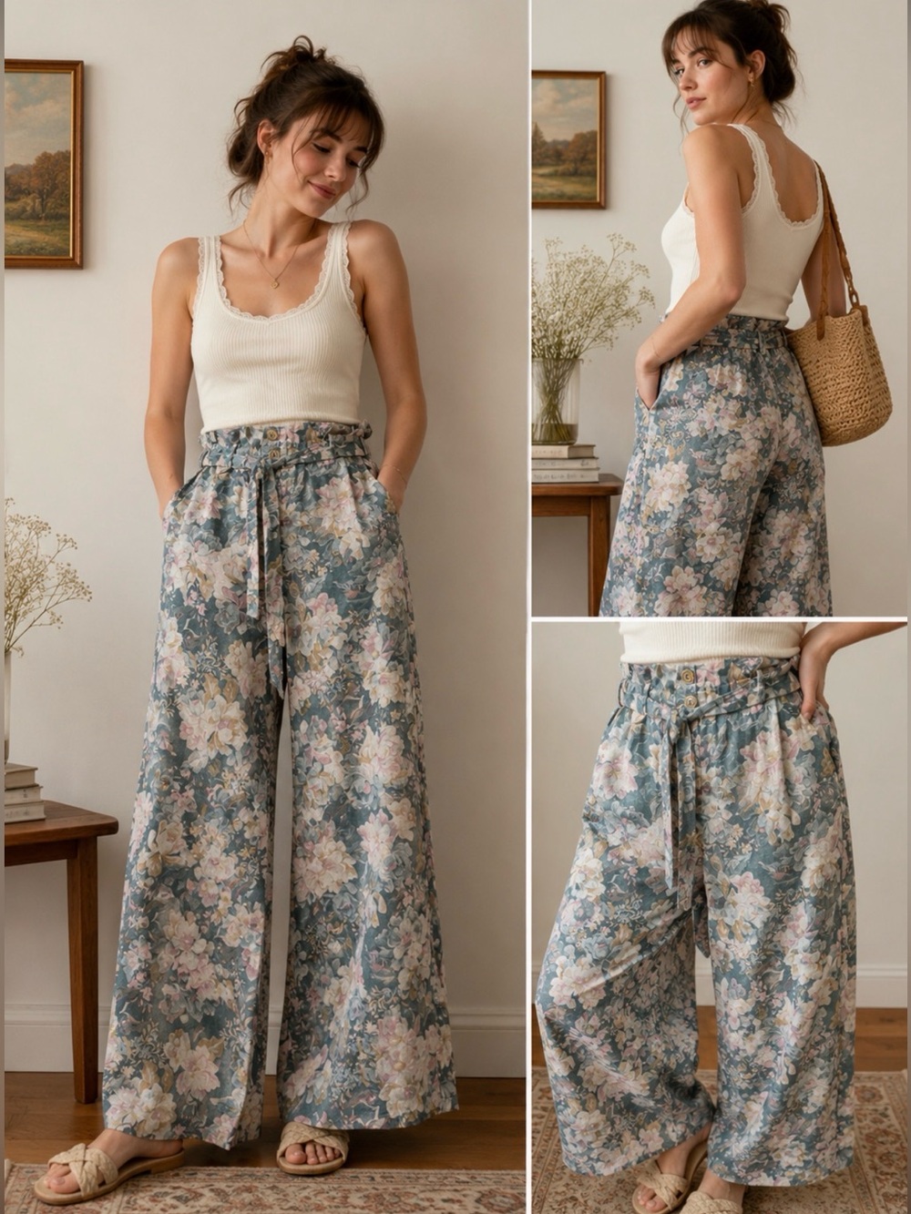 We Are Kindred Linen Floral Romantic Boho Feminine Wide Leg Paperbag Waist Sz 4